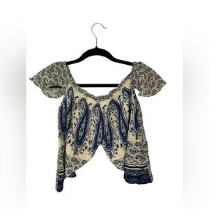 Reverse Blue Cream Puff Sleeve Crop Top